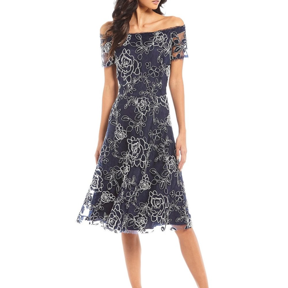 Alex Marie Off The Shoulder Embroidered Lace Dress